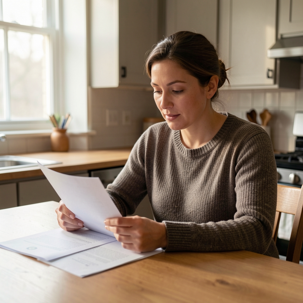 Harriet Caldwell, associate editor, photographed at a kitchen table reviewing printed notes in soft morning light